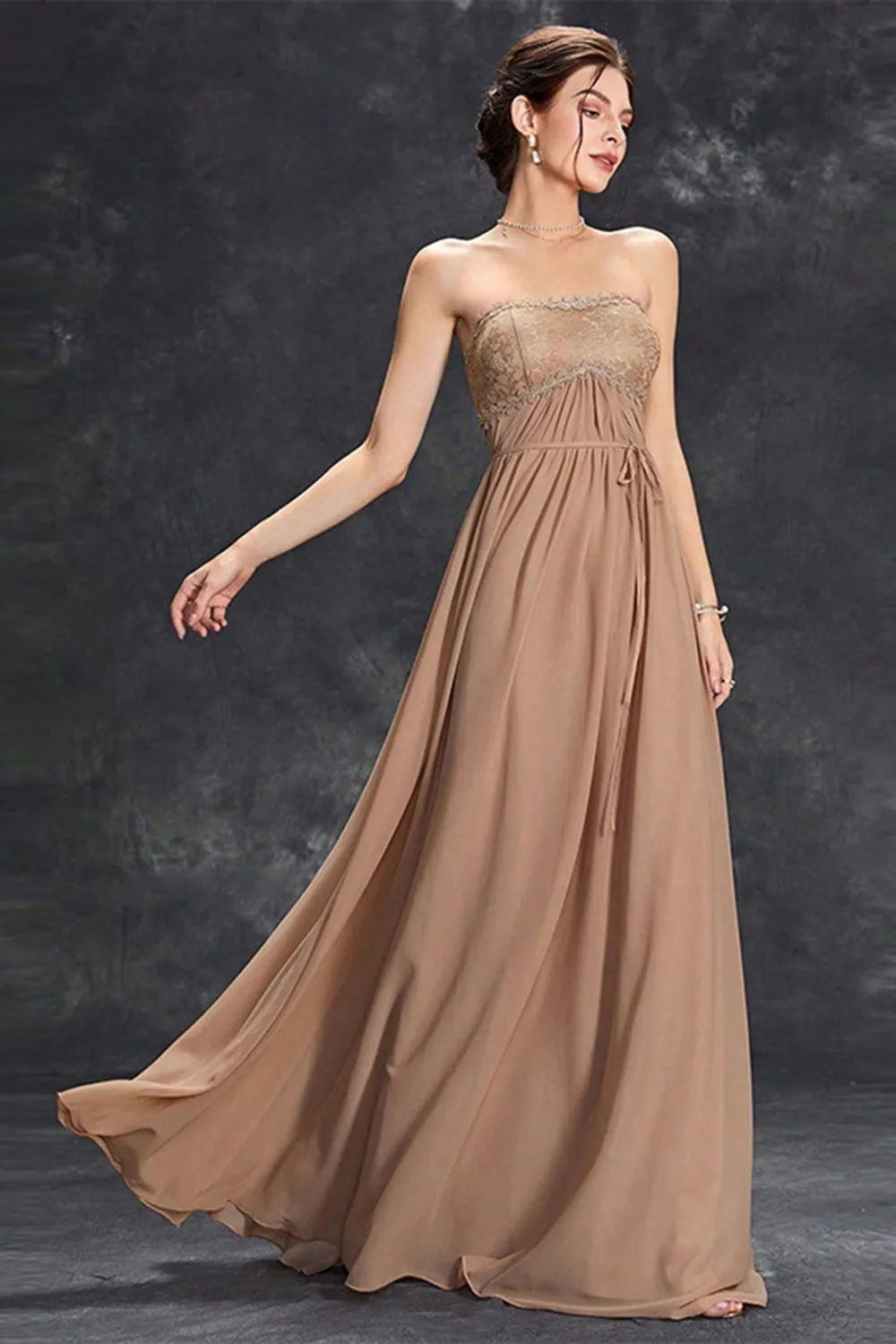 Simple Khaki A-Line Strapless Chiffon Long Prom Dress sold by Zapaka