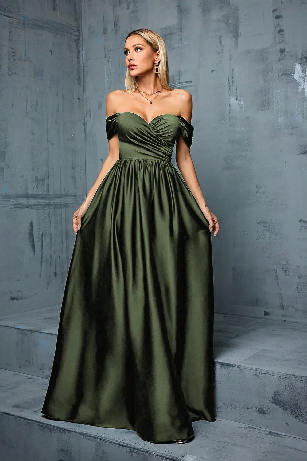 Army Green Off the Shoulder Satin A-Line Long Prom Dress sold by Zapaka product image thumbnail 5
