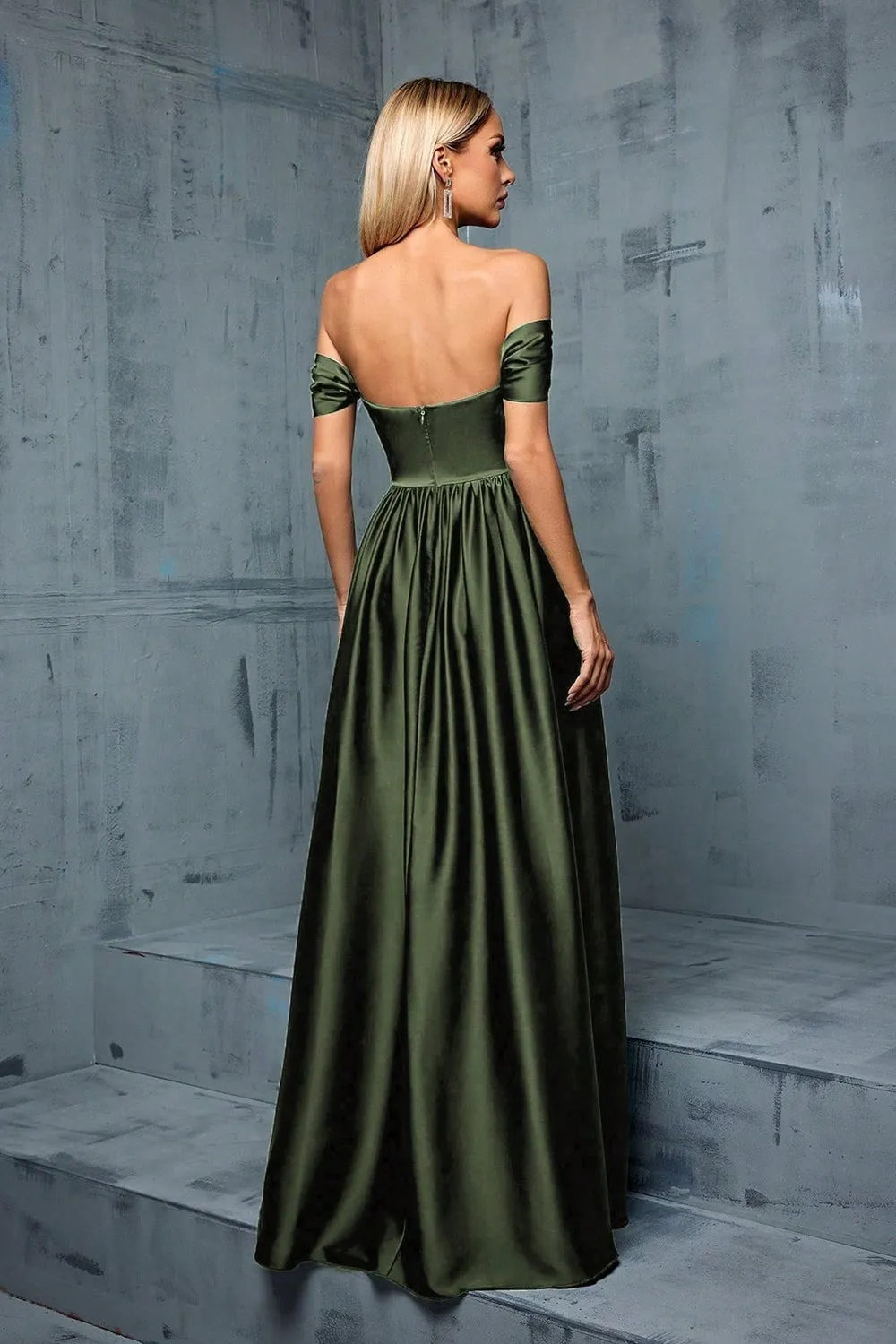 Army Green Off the Shoulder Satin A-Line Long Prom Dress sold by Zapaka product image thumbnail 2
