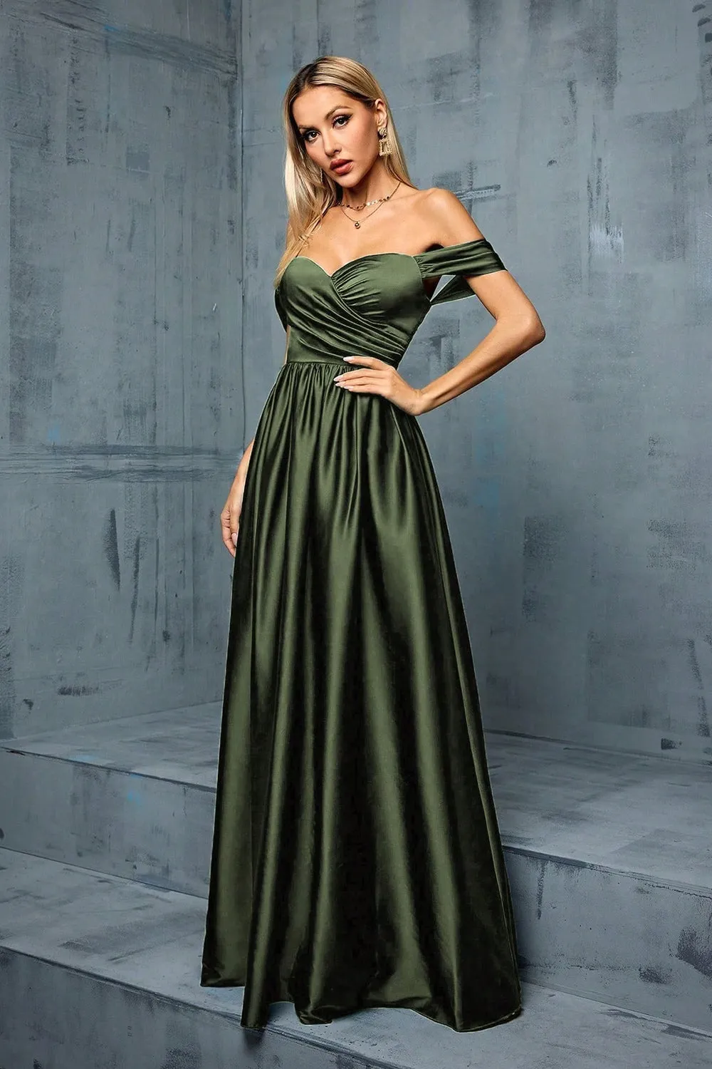 Army Green Off the Shoulder Satin A-Line Long Prom Dress sold by Zapaka product image thumbnail 3