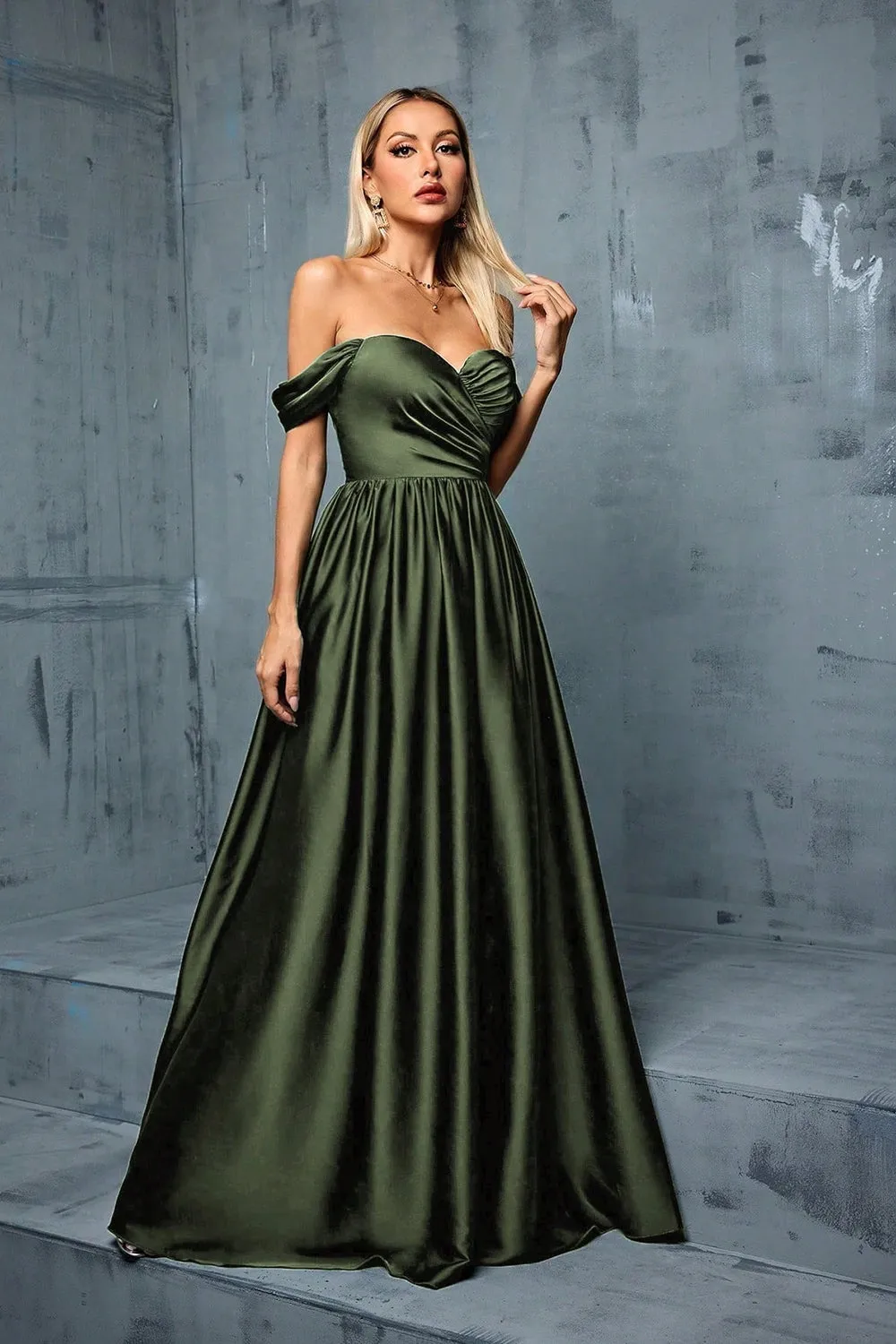 Army Green Off the Shoulder Satin A-Line Long Prom Dress sold by Zapaka product image thumbnail 4