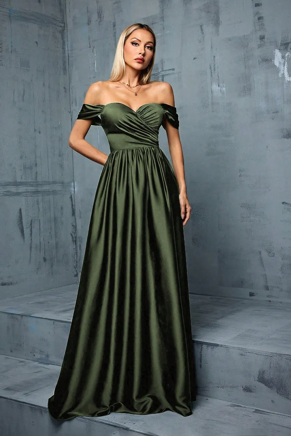 Army Green Off the Shoulder Satin A-Line Long Prom Dress sold by Zapaka