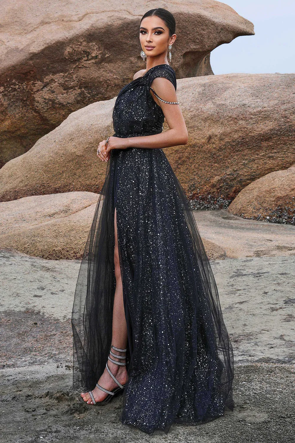 Sparkly Black A-Line One Shoulder Sequined Tulle Long Prom Dress with Slit sold by Zapaka product image thumbnail 4