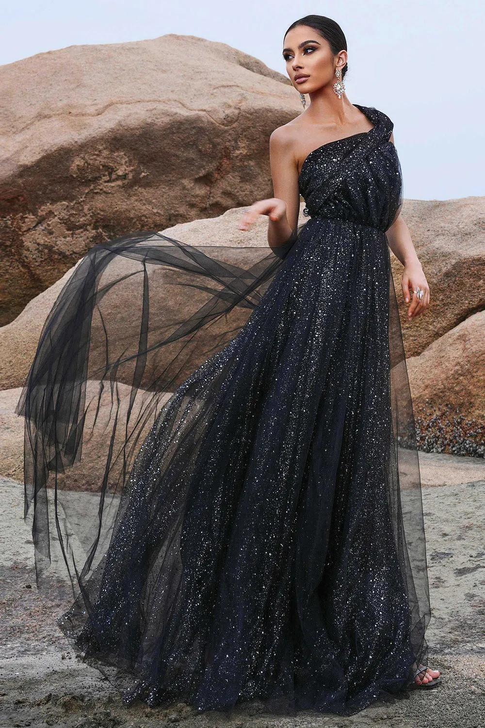 Sparkly Black A-Line One Shoulder Sequined Tulle Long Prom Dress with Slit sold by Zapaka product image thumbnail 5
