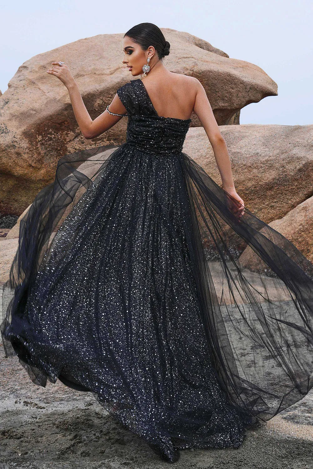 Sparkly Black A-Line One Shoulder Sequined Tulle Long Prom Dress with Slit sold by Zapaka product image thumbnail 2