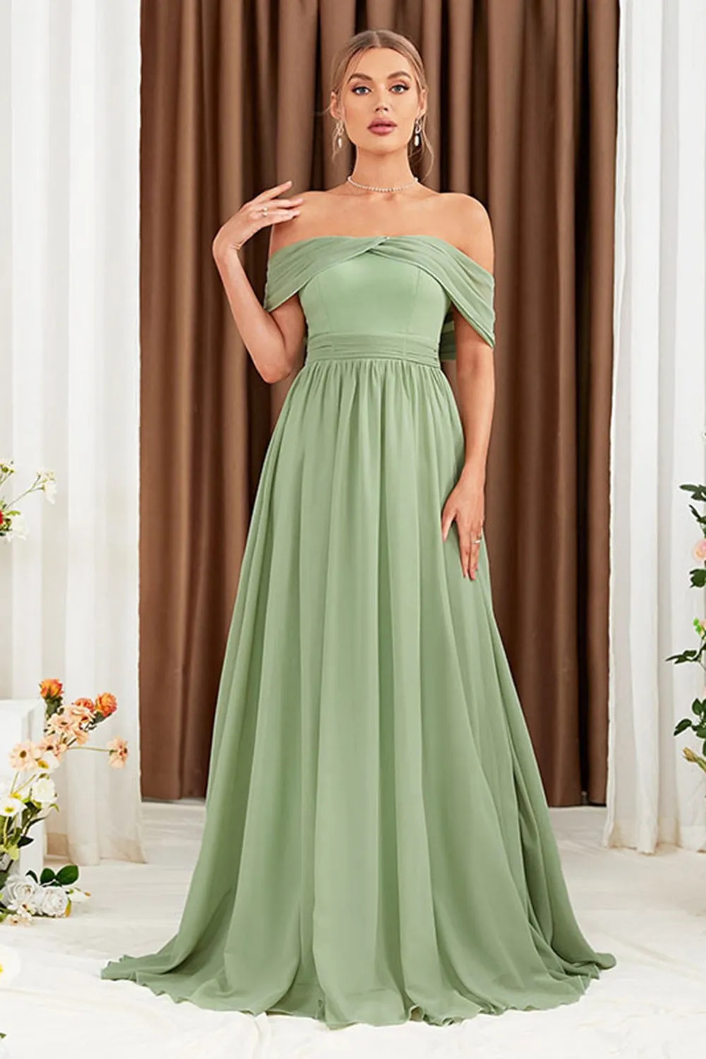 Green A-Line Off the Shoulder Chiffon Long Prom Dress sold by Zapaka