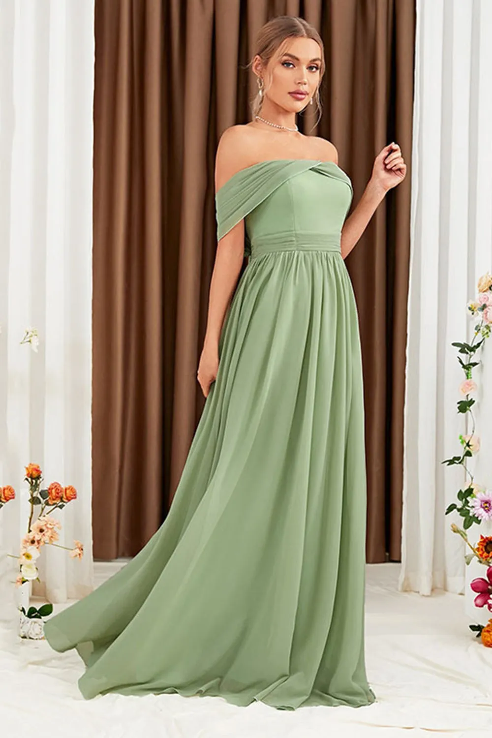 Green A-Line Off the Shoulder Chiffon Long Prom Dress sold by Zapaka product image thumbnail 5