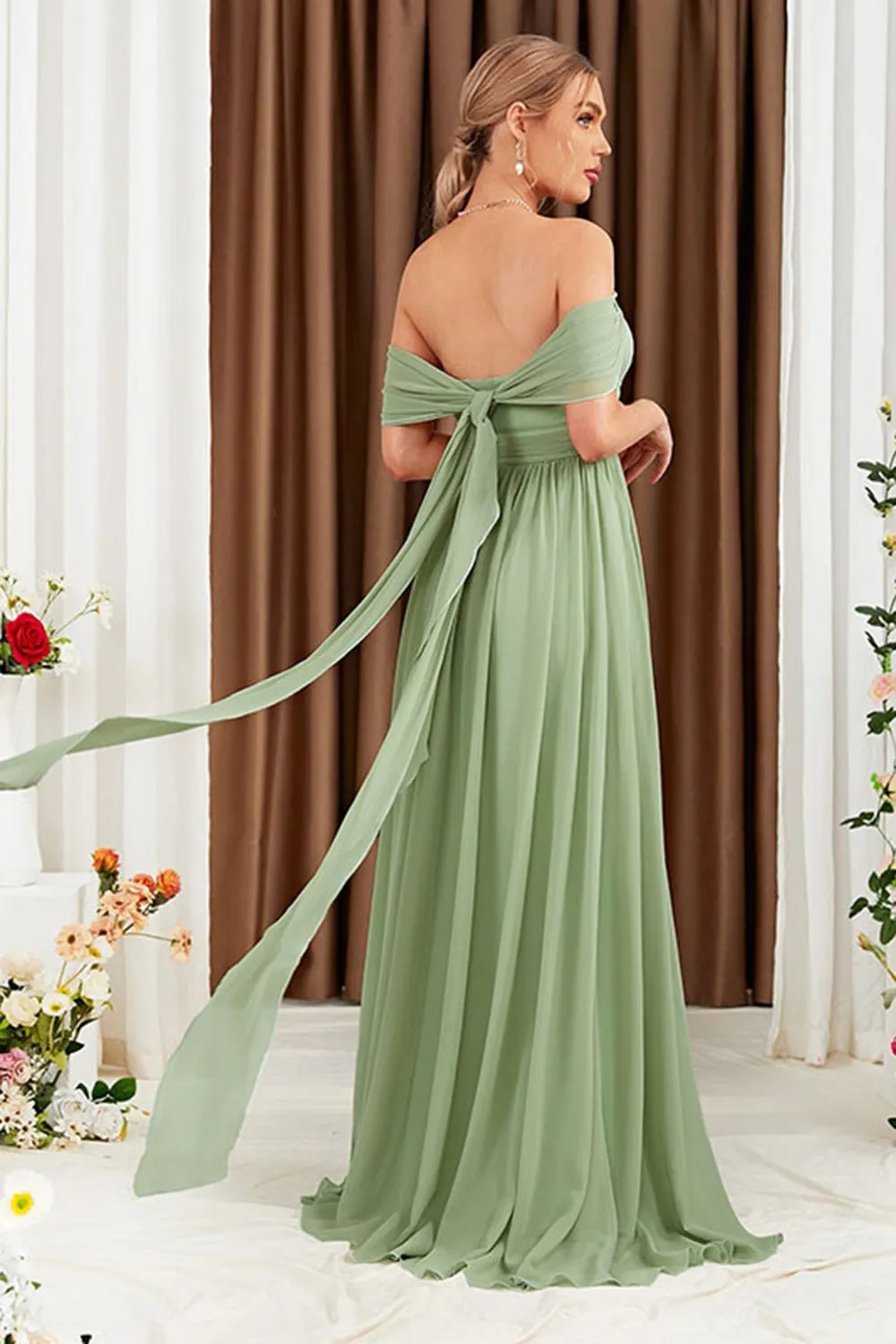 Green A-Line Off the Shoulder Chiffon Long Prom Dress sold by Zapaka product image thumbnail 2
