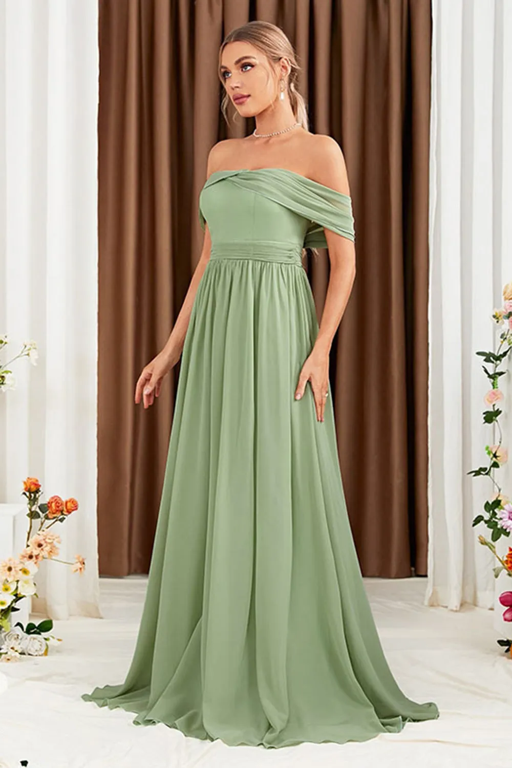 Green A-Line Off the Shoulder Chiffon Long Prom Dress sold by Zapaka product image thumbnail 3