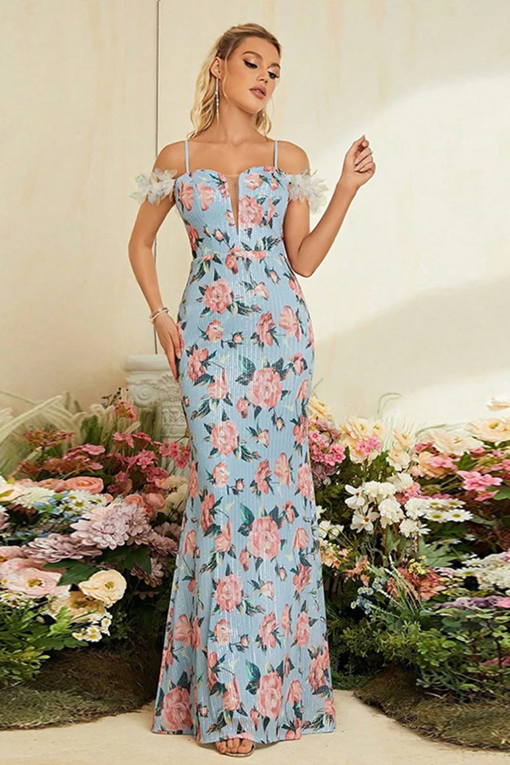 Blue Mermaid Floral Cold Shoulder Long Prom Dress sold by Zapaka product image thumbnail 4