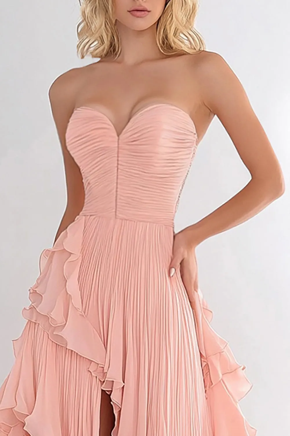 Pink A Line Chiffon Ruffled Long Prom Dress sold by Zapaka product image thumbnail 2