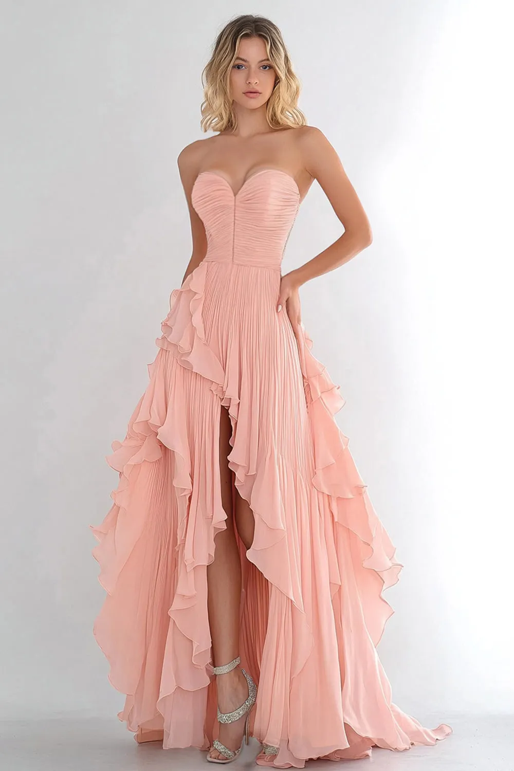 Pink A Line Chiffon Ruffled Long Prom Dress sold by Zapaka
