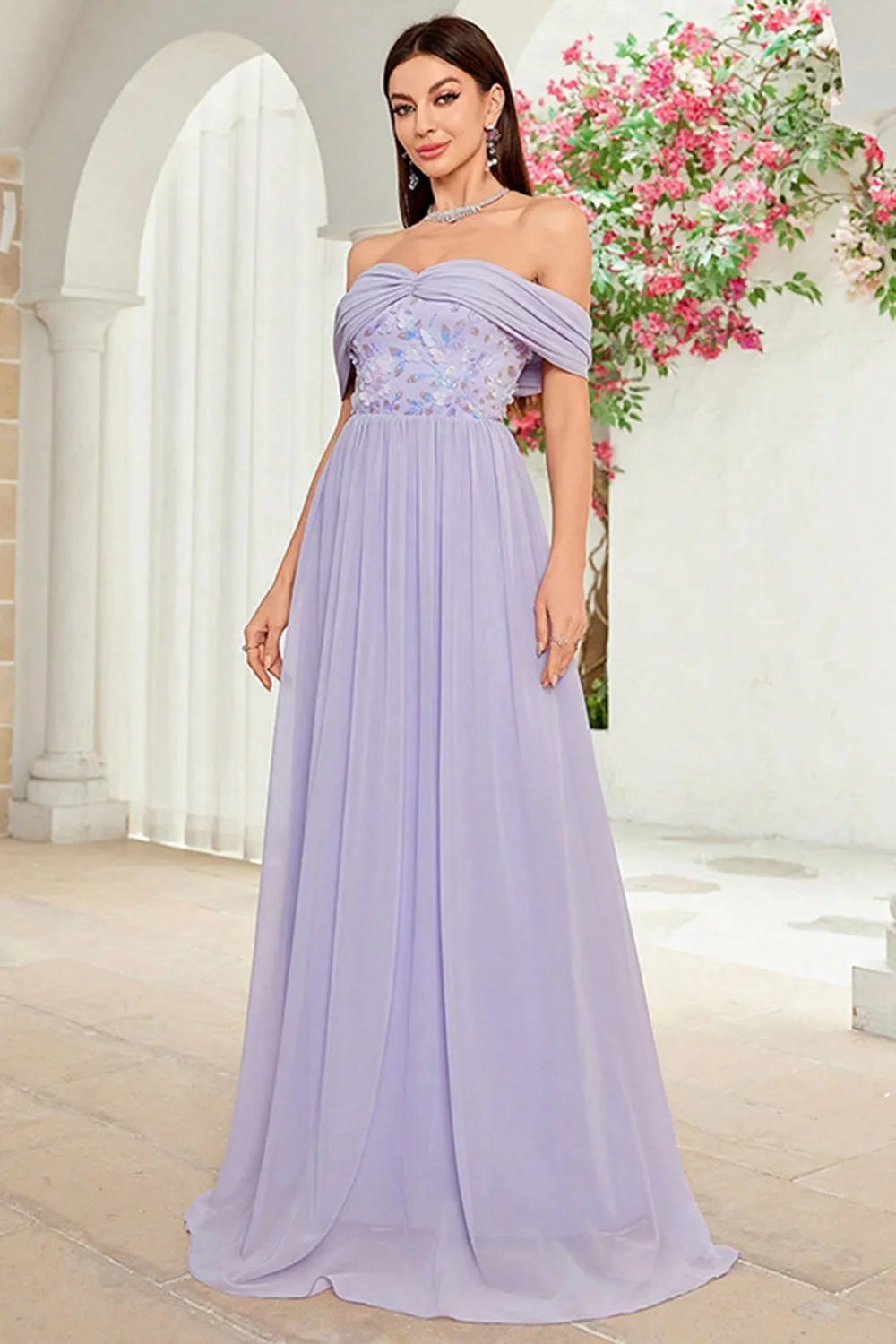 Off The Shoulder Grey Purple Floral Long Prom Dress sold by Zapaka product image thumbnail 4