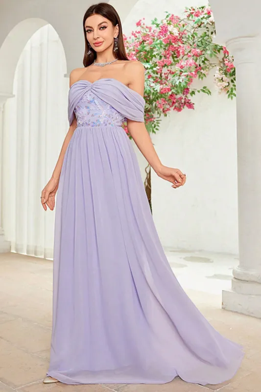 Off The Shoulder Grey Purple Floral Long Prom Dress sold by Zapaka