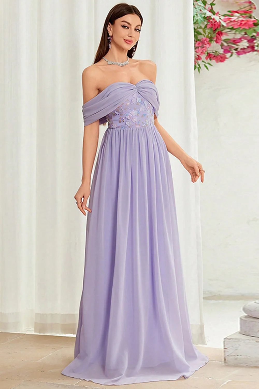 Off The Shoulder Grey Purple Floral Long Prom Dress sold by Zapaka product image thumbnail 5