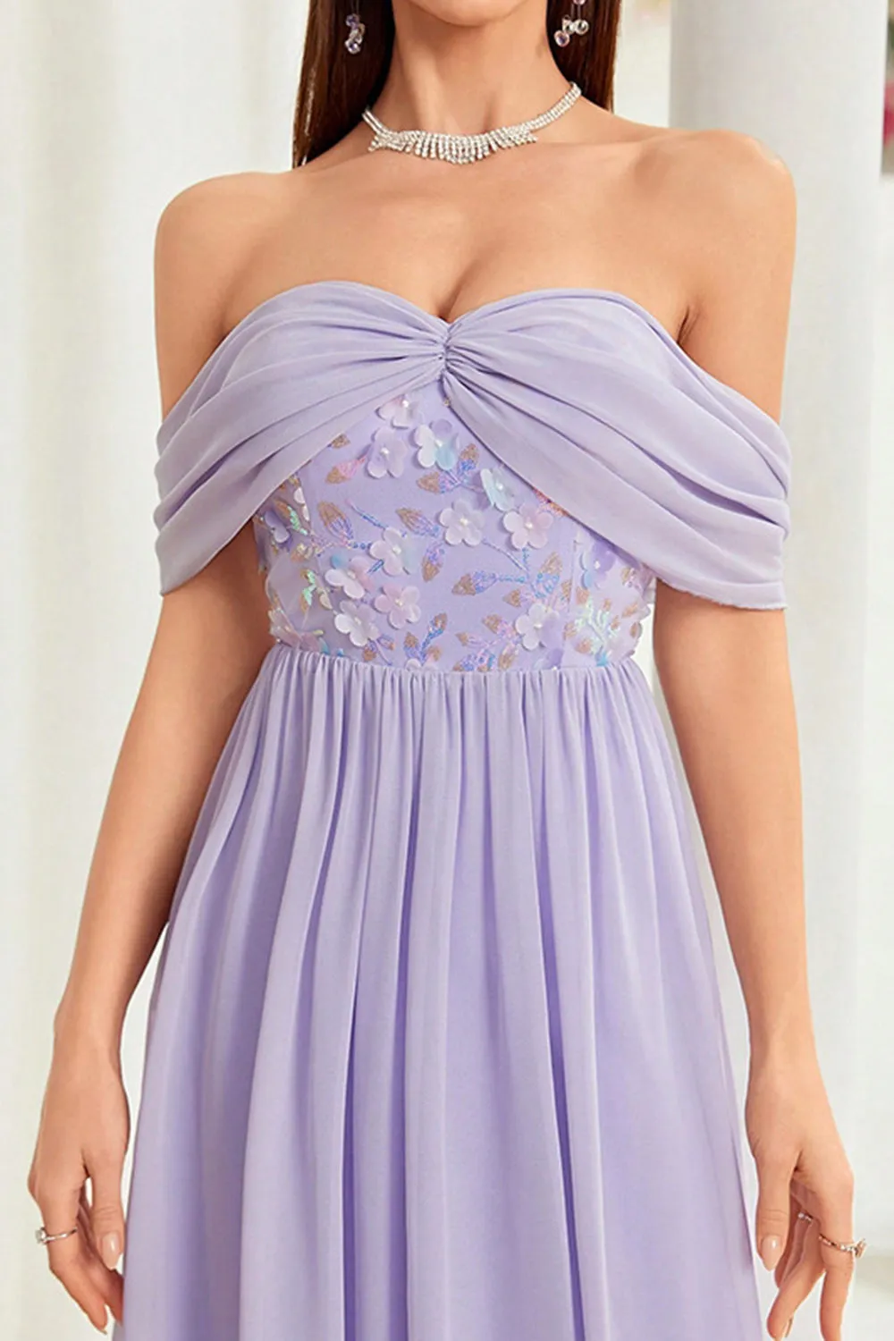 Off The Shoulder Grey Purple Floral Long Prom Dress sold by Zapaka product image thumbnail 3