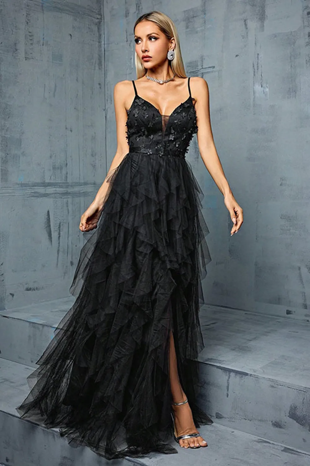 Black A-Line Spaghetti Straps Flowers Ruffles Tulle Long Prom Dress with Slit sold by Zapaka product image thumbnail 3