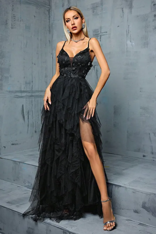 Black A-Line Spaghetti Straps Flowers Ruffles Tulle Long Prom Dress with Slit sold by Zapaka
