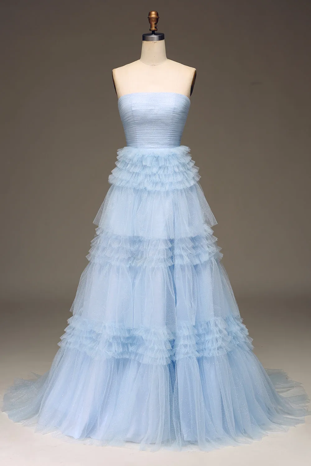 Tulle Light Blue Tiered Strapless Prom Dress with Slit sold by Zapaka