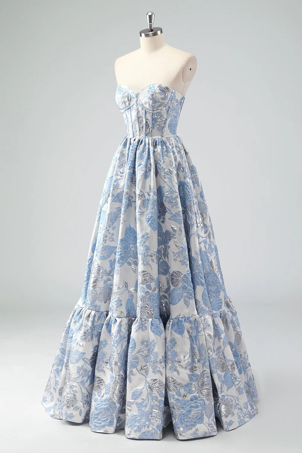 Cute Blue A-Line Sweetheart Brocade Corset Long Prom Dress sold by Zapaka product image thumbnail 3