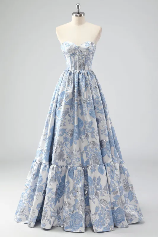 Cute Blue A-Line Sweetheart Brocade Corset Long Prom Dress sold by Zapaka