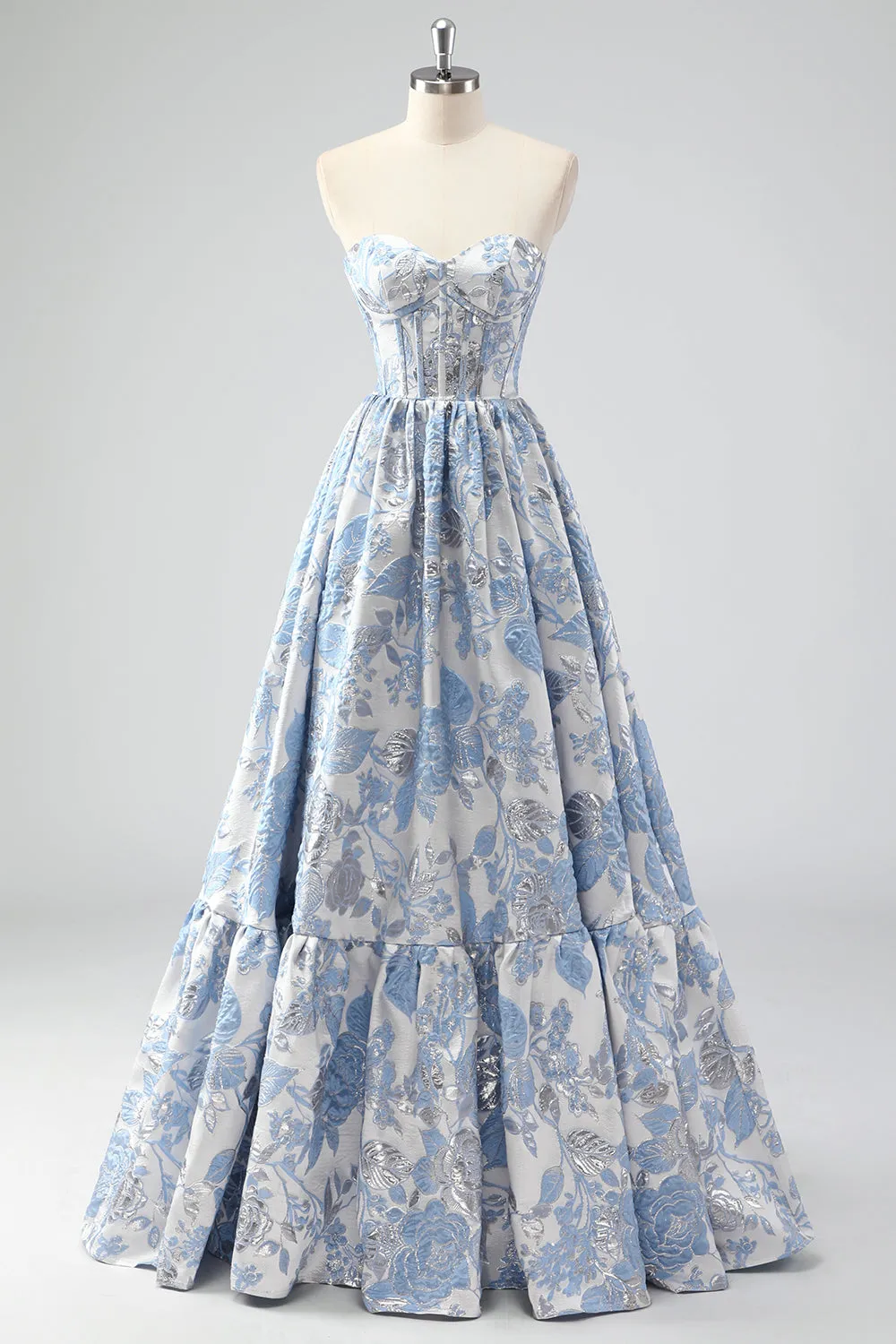 Cute Blue A-Line Sweetheart Brocade Corset Long Prom Dress sold by Zapaka