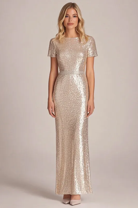 Sparkly Apricot Sheath Sequins Short Sleeves Long Mother of the Bride Dress sold by Zapaka