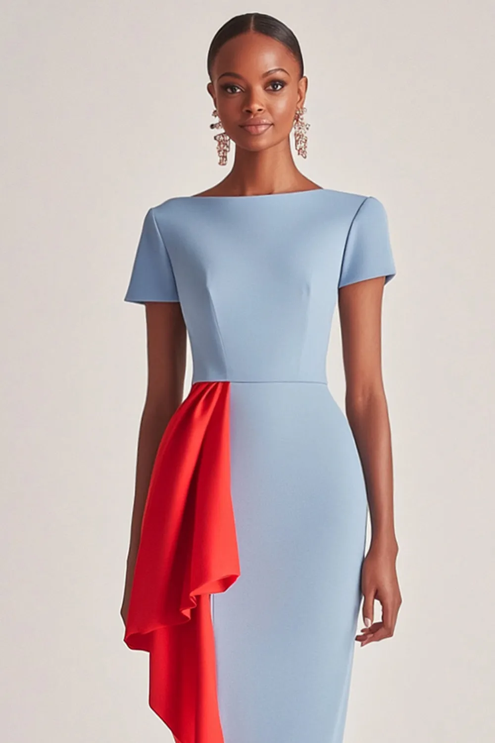 Blue Short Sleeves Sheath Satin Tea Length Mother of the Bride Dress sold by Zapaka product image thumbnail 2