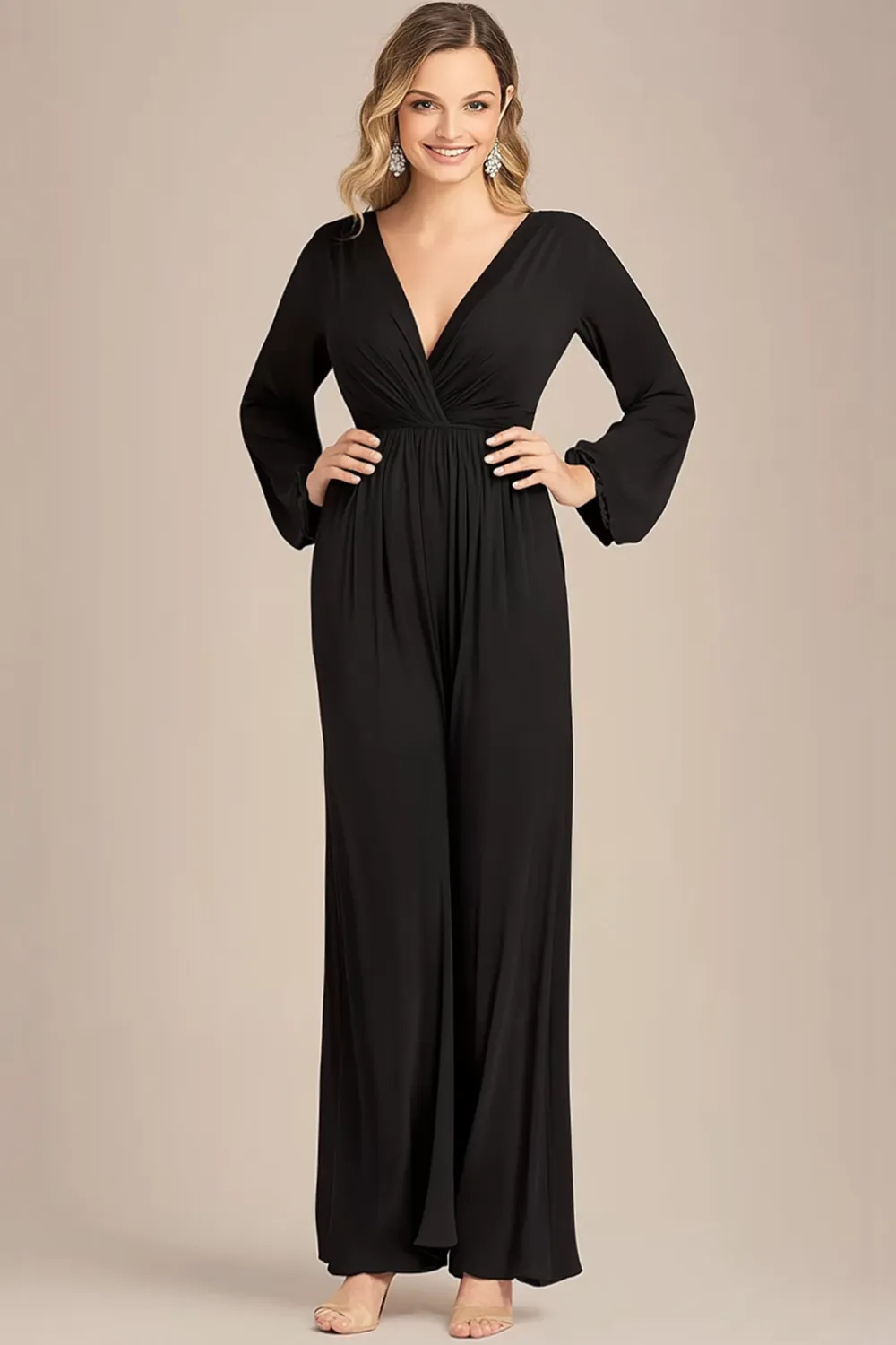 Black V-neck Long Sleeves Chiffon Mother of the Bride Jumpsuits sold by Zapaka