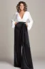 White and Black Deep V-neck Satin Long Sleeves Mother of the Bride Jumpsuits sold by Zapaka