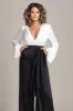 White and Black Deep V-neck Satin Long Sleeves Mother of the Bride Jumpsuits sold by Zapaka