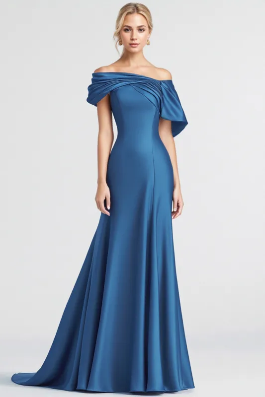 Blue Off the Shoulder Satin Mermaid Long Formal Dress sold by Zapaka