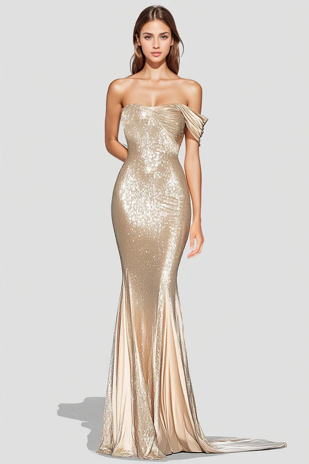 Sparkly Mermaid Champagne Off Shoulder Pleated Formal Dress with Sequins sold by Zapaka
