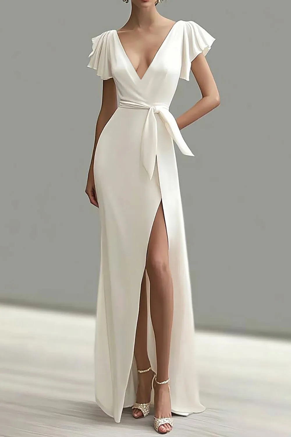 White Deep V Neck Mermaid Satin Formal Dress with Slit sold by Zapaka