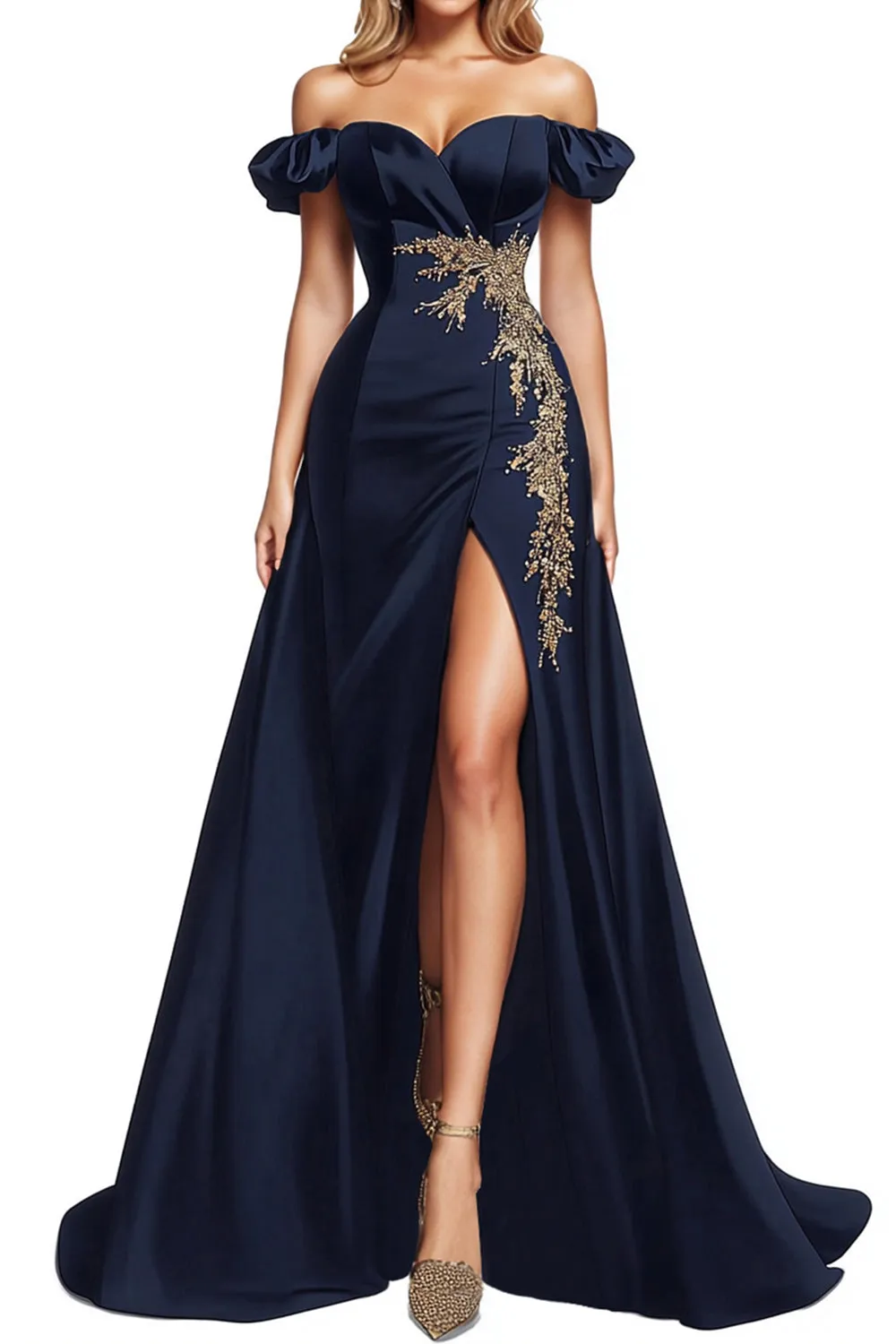 Sparkly Small Puff Sleeves Navy Blue Beaded Satin A Line Formal Dress with Slit sold by Zapaka