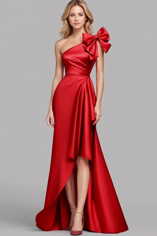 Red One Shoulder Satin Mermaid Long Formal Dress with Bow sold by Zapaka