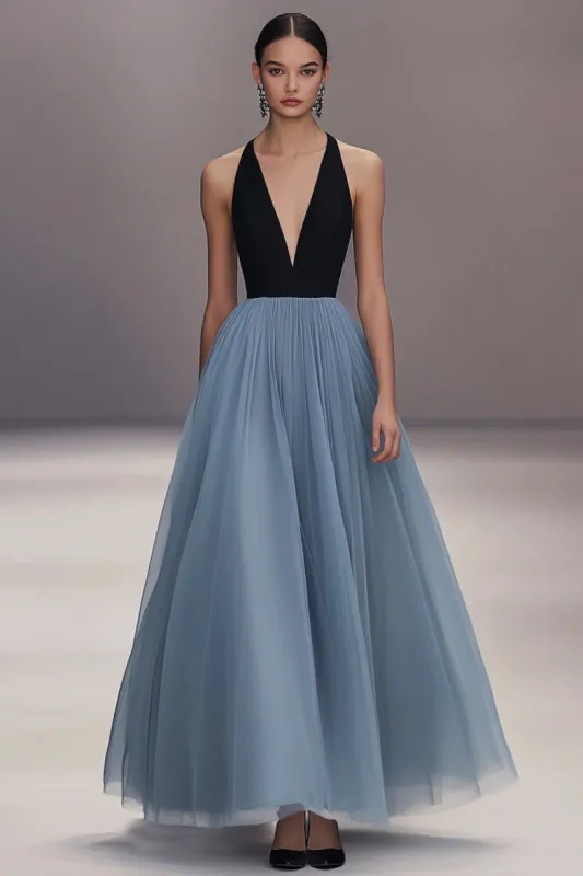 V Neck Black Blue Pleated Tulle Long Formal Dress sold by Zapaka