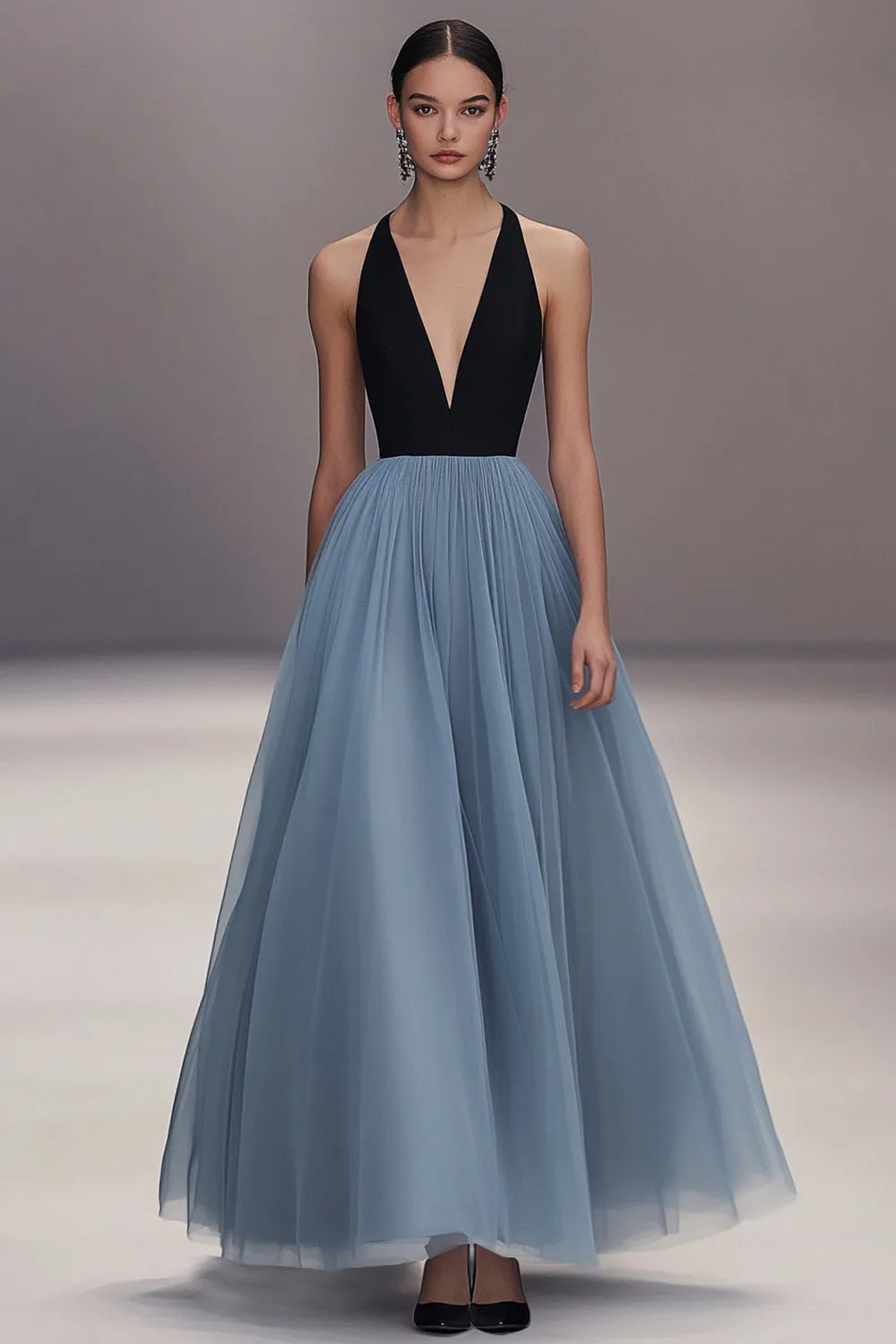 V Neck Black Blue Pleated Tulle Long Formal Dress sold by Zapaka