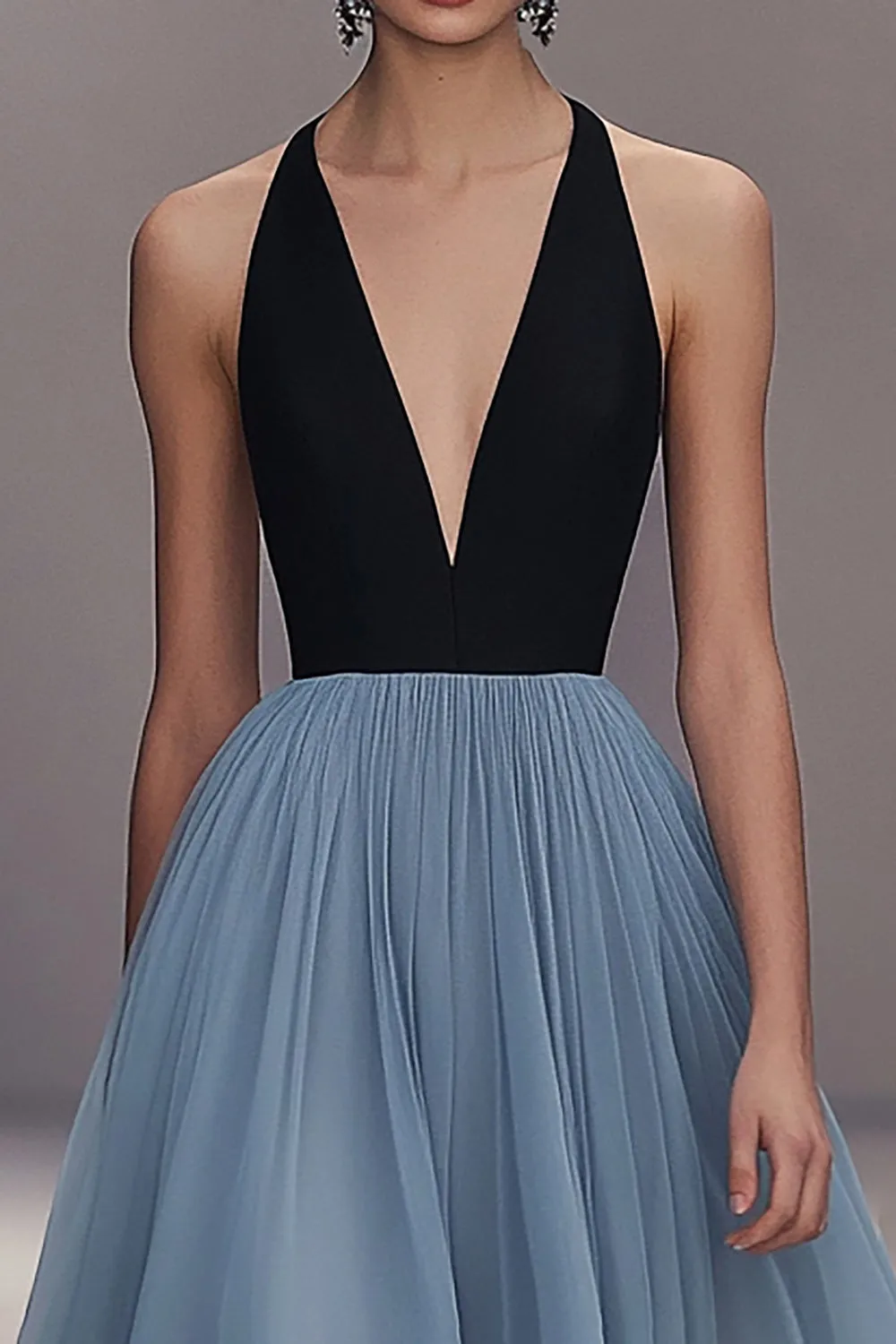 V Neck Black Blue Pleated Tulle Long Formal Dress sold by Zapaka product image thumbnail 2