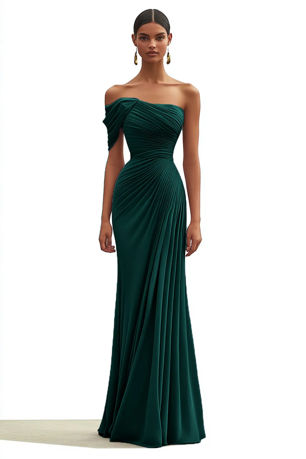 Mermaid Dark Green One Shoulder Pleated Long Formal Dress sold by Zapaka