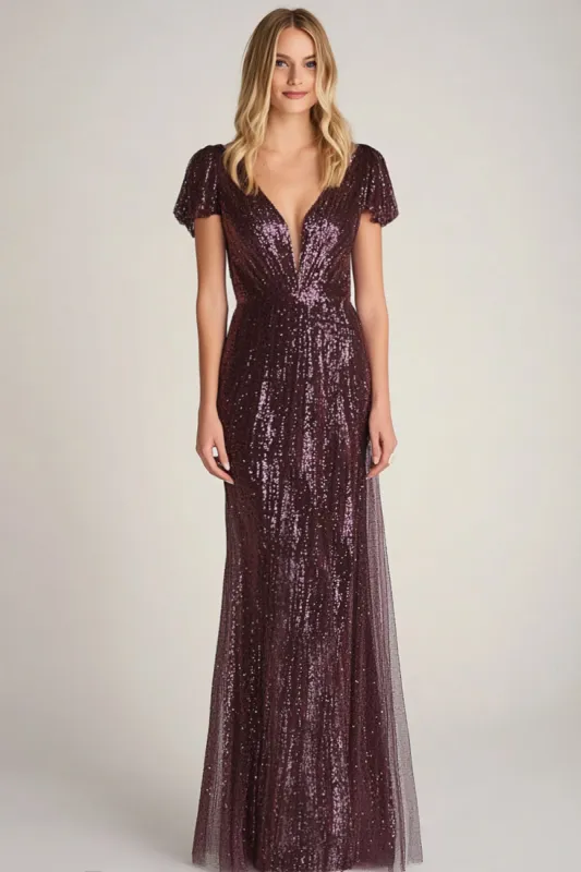 Burgundy Sheath Ankle Neck Short Fitted Sleeves Long Formal Dress sold by Zapaka