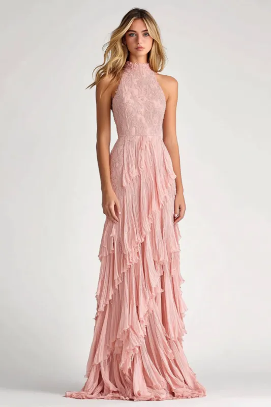 Blush Sheath Halter Ruffles Long Formal Dress sold by Zapaka