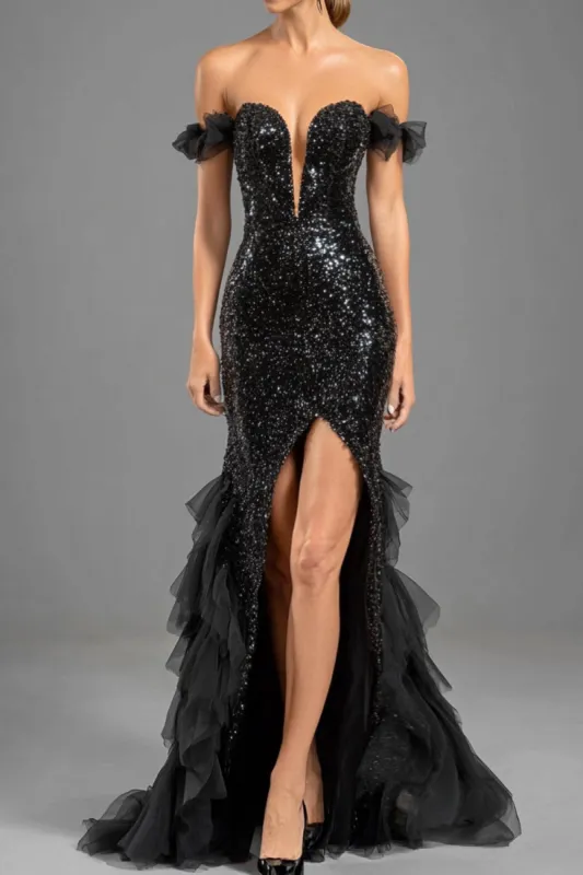 Black Mermaid Off The Shoulder Sequins Tulle Formal Dress sold by Zapaka