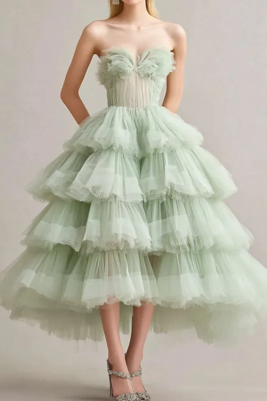 A Line Sage Strapless Tiered Ruffles Tulle Formal Dress sold by Zapaka