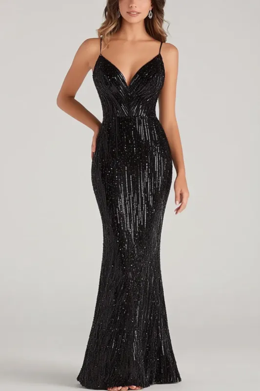 Black Mermaid Spaghetti Straps Sequins Formal Dress sold by Zapaka