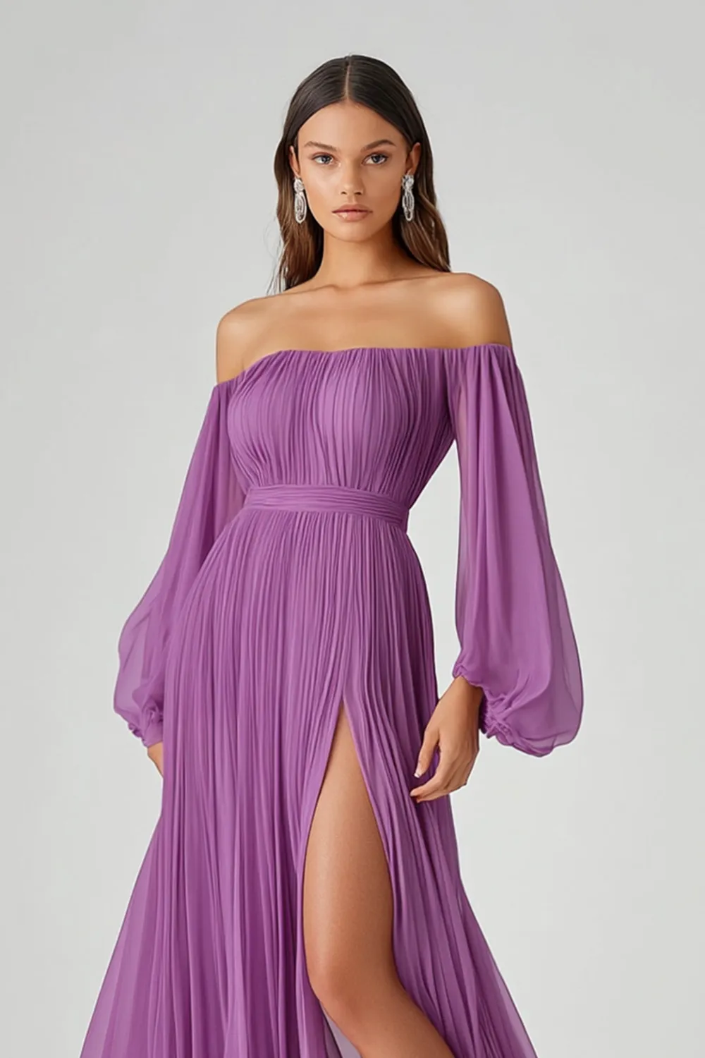 Purple A Line Long Sleeves Long Chiffon Formal Dress with Slit sold by Zapaka product image thumbnail 2