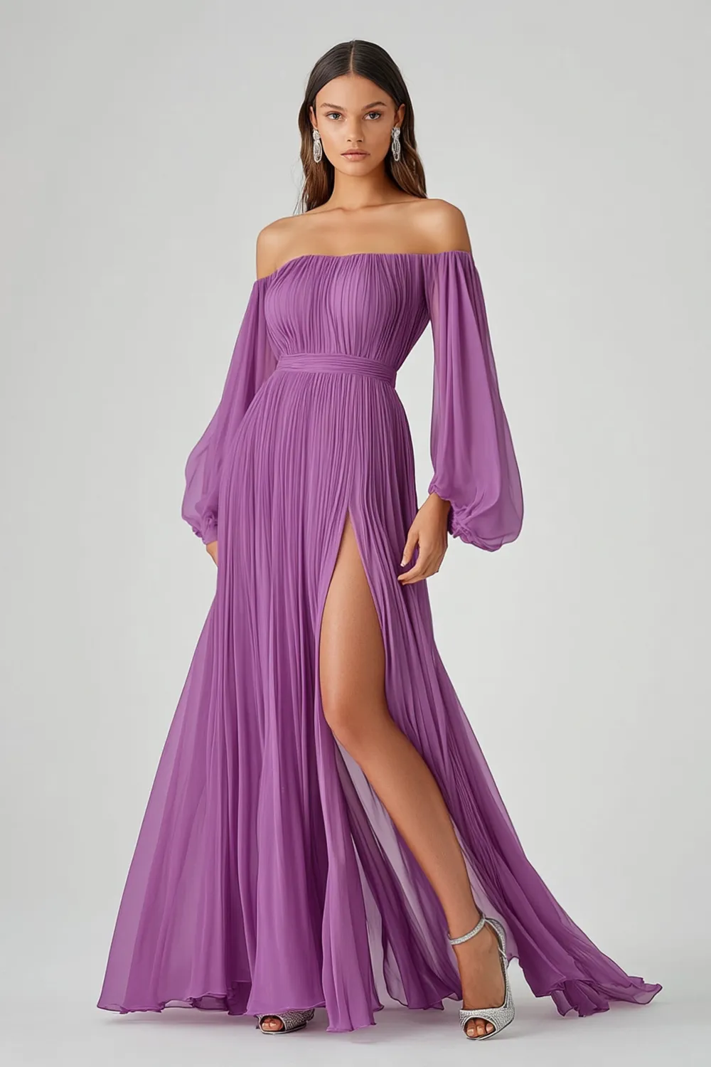 Purple A Line Long Sleeves Long Chiffon Formal Dress with Slit sold by Zapaka