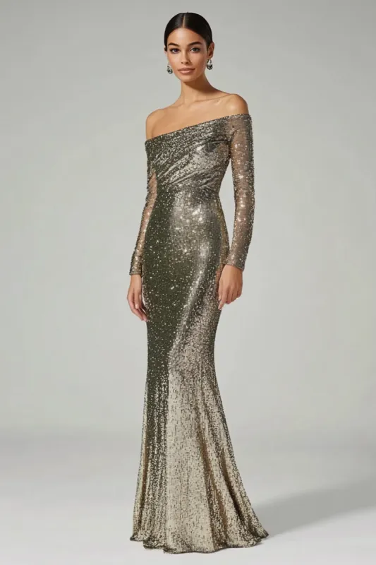 Golden Column One Shoulder Sequin Long Formal Dress sold by Zapaka