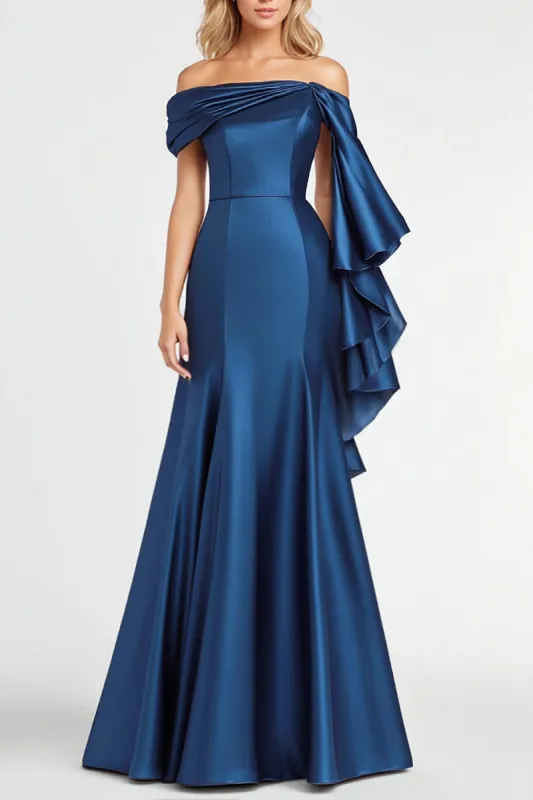 Dark Blue Mermaid Off the Shoulder Ruffles Satin Evening Dress sold by Zapaka