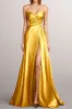 Yellow A-Line Strapless Wrap Ruched Satin Long Formal Dress with Slit sold by Zapaka
